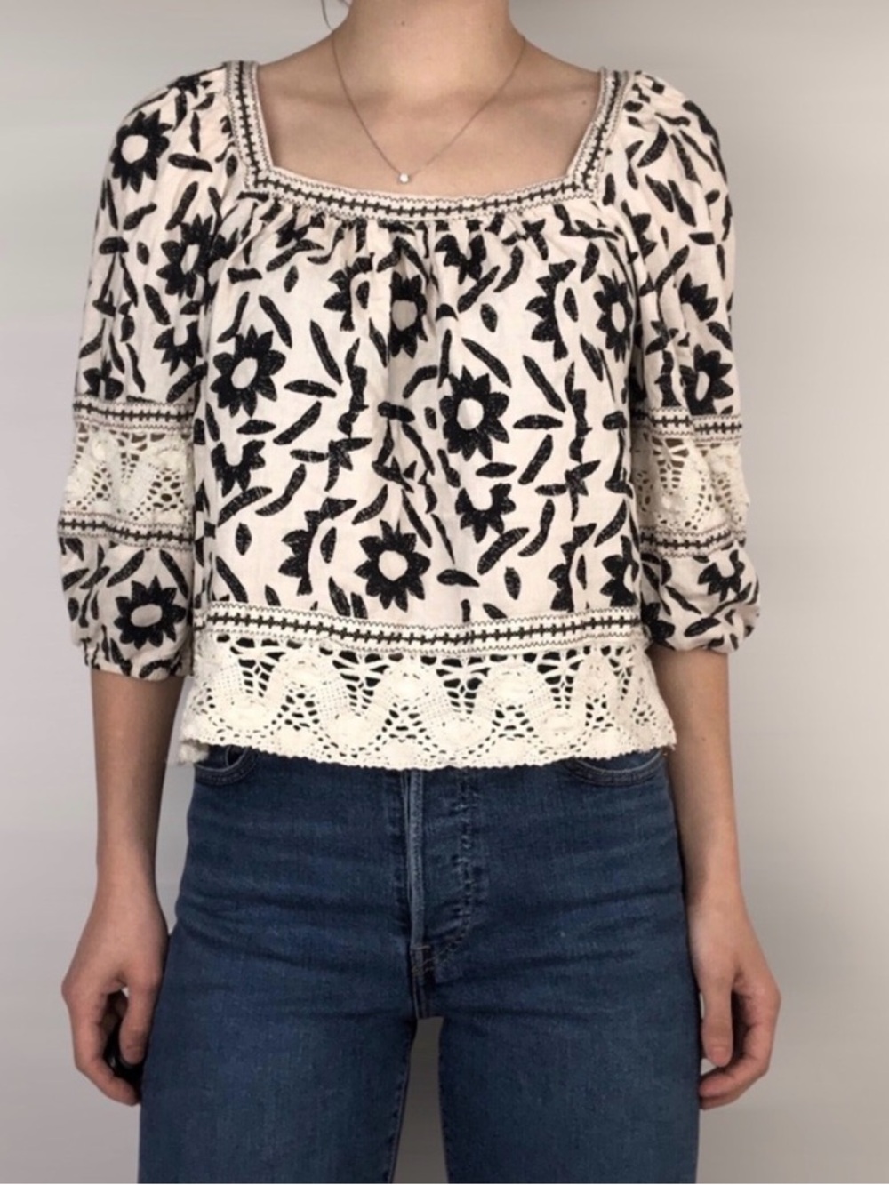 Christian Siriano Cream Top with Black Embroidery